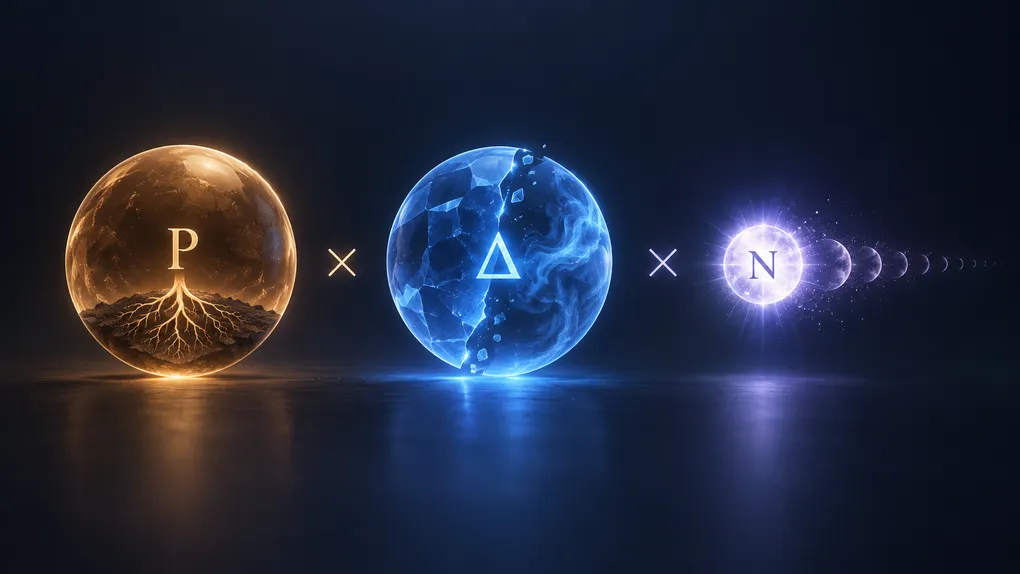 Three glowing nodes in an equation — a grounded amber sphere rooted like a tree, a fracturing blue sphere, and a bright spark trailing a decaying echo pattern — representing Primitive Salience, Model Update, and Contextual Novelty.