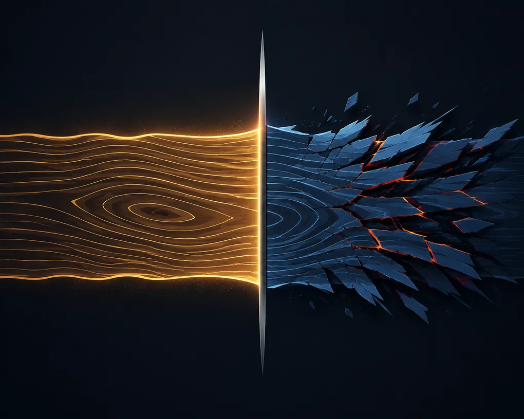 Abstract illustration of a wood grain cross-section split by a vertical cut: one side sliced clean and glowing gold with the grain, the other side splintering into blue-grey fractures against it.