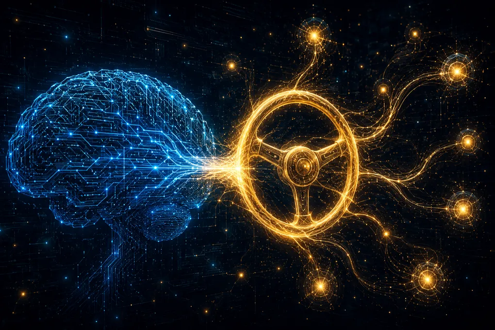 Split illustration contrasting a cold blue wireframe brain of raw computational horsepower with a glowing golden steering wheel of light, its branching trails connecting distinct points of insight.