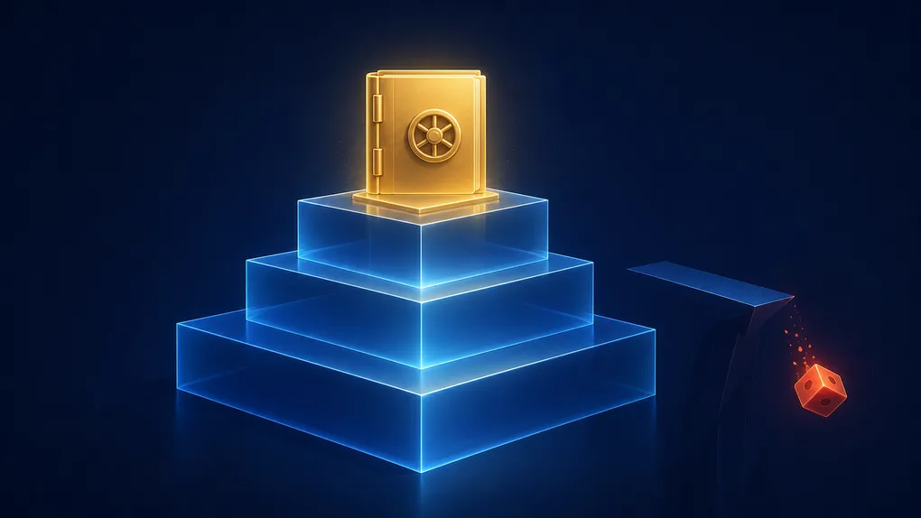 Abstract illustration of a tiered blue financial reserve structure supporting a glowing golden vault, beside an unstable red-orange die tumbling off a risky, illiquid bet.
