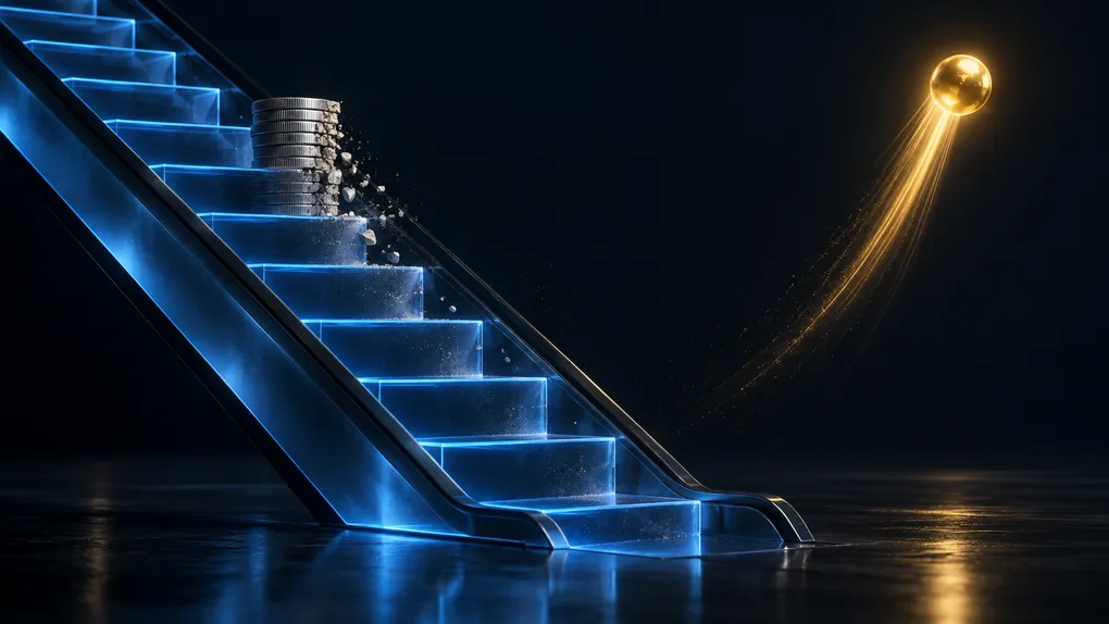 A descending escalator of glowing blue glass steps carries a static, crumbling stack of silver coins downward into darkness, while a separate glowing gold sphere trails a bright upward streak of light, climbing away in the opposite direction.