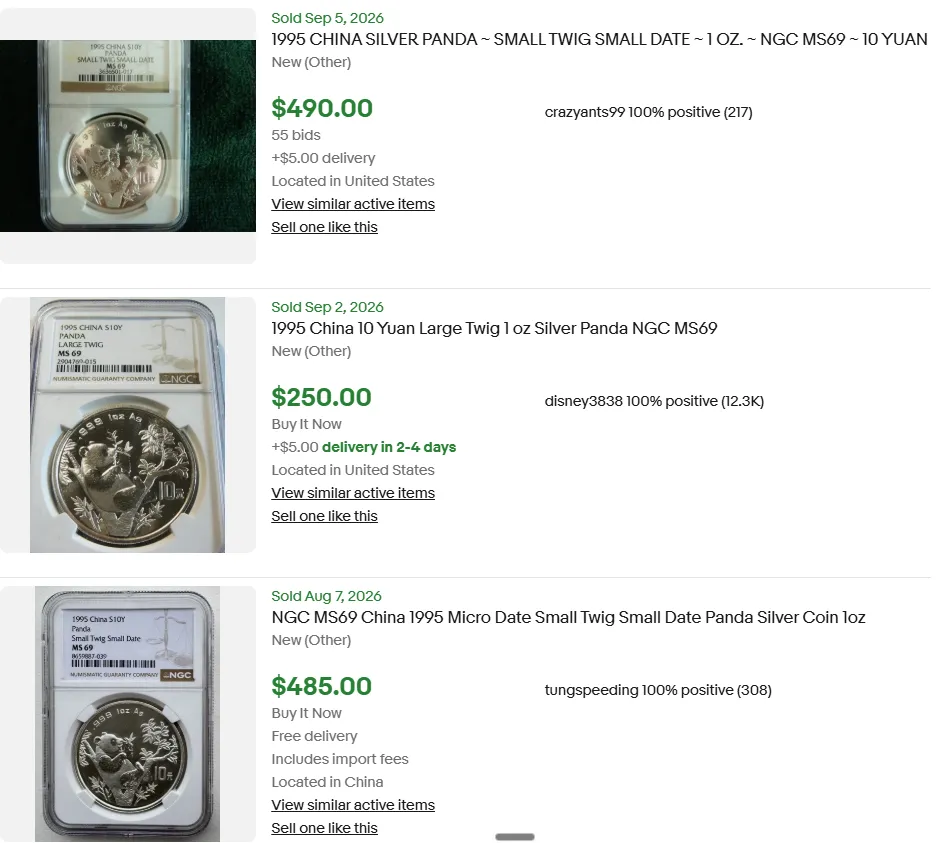 eBay sold listings from September 2026 showing the common 1995 Panda variety at $250 and the rare Large Twig variety at $490 after 55 bids