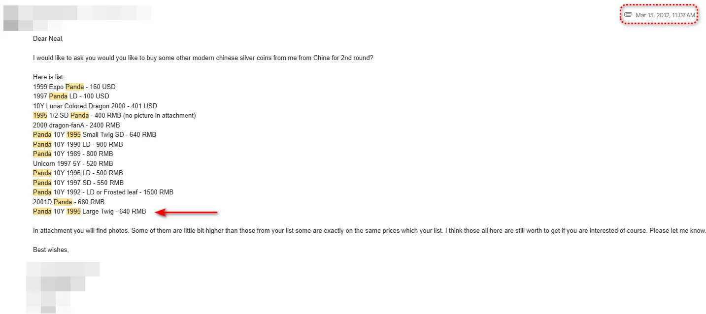 Email from a China-based buyer dated March 15, 2012, quoting both varieties of the 1995 Panda at 640 RMB each