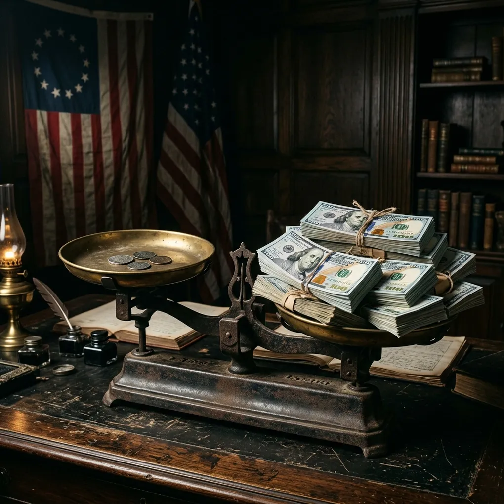 A heavy iron scale comparing a few colonial coins on one side to a massive stack of modern hundred-dollar bills on the other, representing the staggering difference in tax burdens.